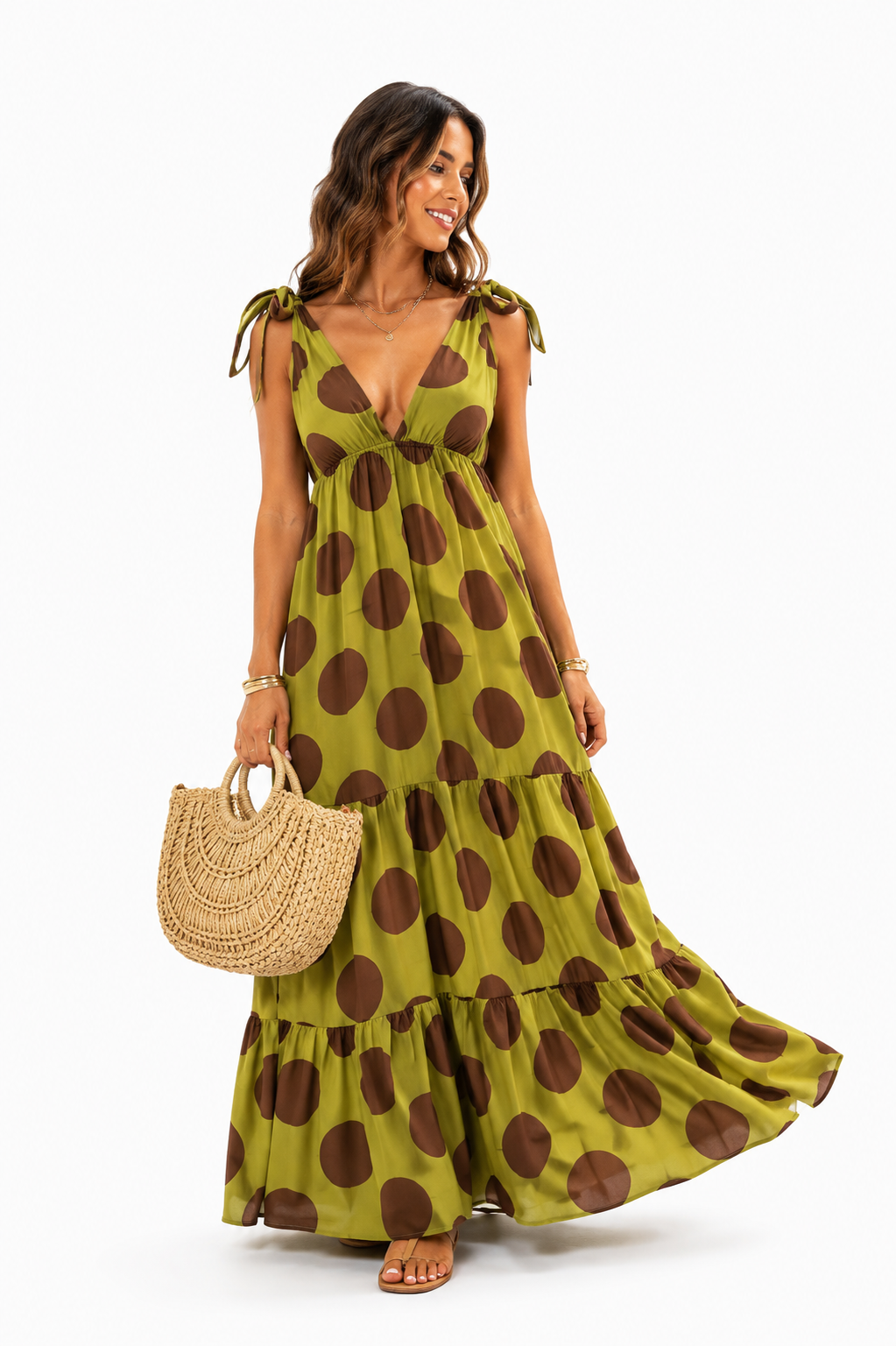 Maxi Dress Polkadots Green / Brown