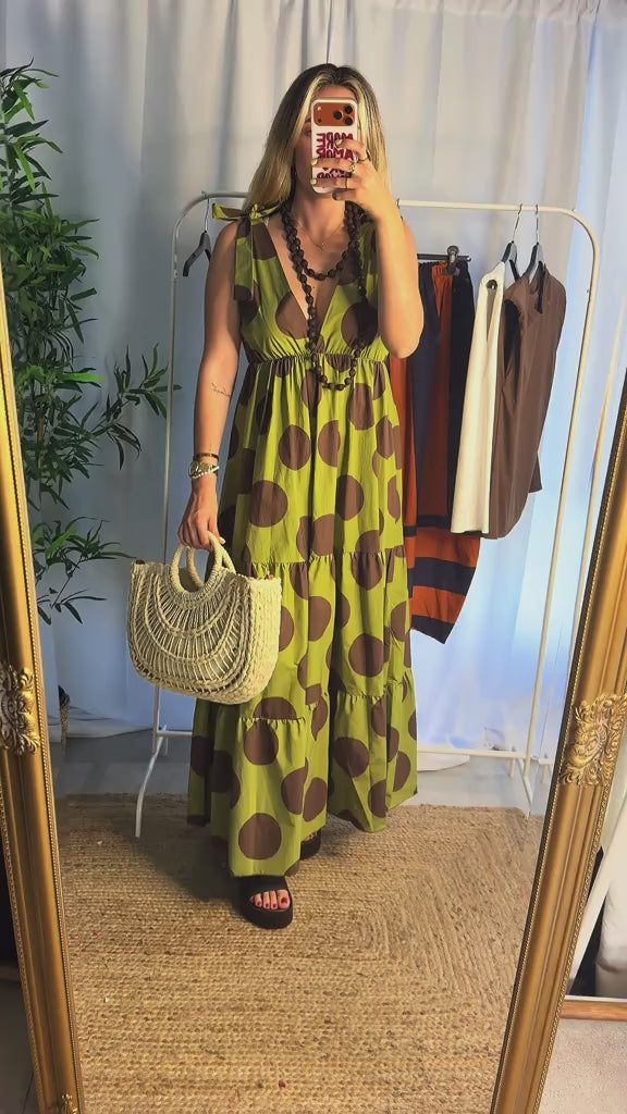 Maxi Dress Polkadots Green / Brown